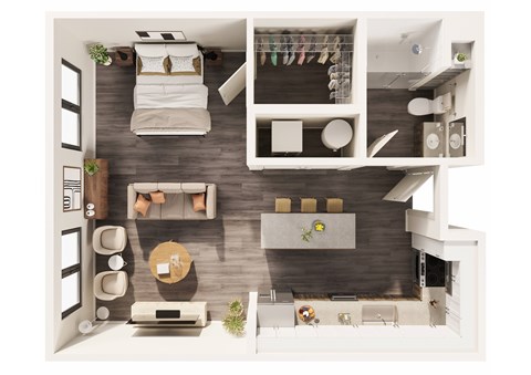 A top-down view of a modern living room with a grey sofa, a coffee table, and a TV.